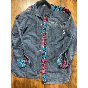 Azzure Denim Mens 2XL Blue Denim Button Down Shirt Tribal Print E‎ Pluribus Unum